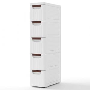 COSTWAY Petite Commode &Eacute;troite, Meuble Rangement 3 Tiroirs en Plastique, Commode Salle de Bain &agrave; Roulette, Petite Armoire Chiffonnier pour Recoin,42 x 19 x 91 cm (5 &Eacute;tages) (FDS GmbH, neuf)