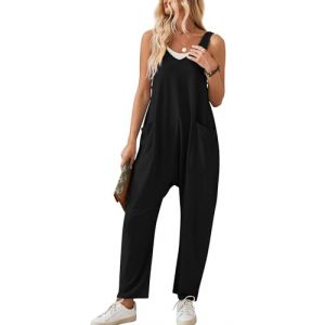 Maeau - Salopette D&eacute;contract&eacute;e en Tricot Femme Salopette Jambe Large Combinaison Pantalon Coton L&eacute;ger Barboteuse Sans Manches Salopette - Noir - XL (YDAEU, neuf)