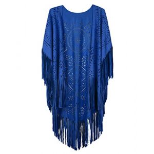 Minetom Poncho Femme R&eacute;tro Ouvert Ch&acirc;le Poncho Cape Cardigan Kimono Cover Up Wrap Veste Manteau Garniture &agrave; Franges Bleu Fonc&eacute; Taille Unique (Mon Bon Coup FR, neuf)