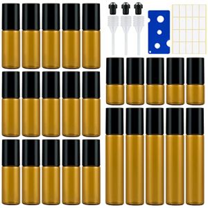 Kieswan 25Pcs Flacon Roll On Vide 3 ml/5 ml/10 ml, Roll On Huiles Essentielles Ambré Flacon Verre Mini Bouteille Pour Mélanges D'huiles Aromatiques, Parfums, Massage (Kieswan-FR, neuf)