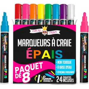 Chalky Crown - Stylo Craie, Craie pour Tableau Noir, Feutre Craie - Marqueurs à Craie Couleurs Vives (Lot de 8) - Effaçables à Sec - Pour Tableaux, Enseignes, Fenêtres, Verre - 6 mm Multicolore (Viking - Revolution, neuf)