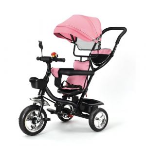 OHMG Tricycle 4 en 1 pour bébé, auvent pliable pour enfants, tricycle évolutif, tricycle avec pédales et ceintures à 3 points, vélo pour bébé, avec accessoires pratiques, 2 paniers, 9 mois (jusiZL, neuf)