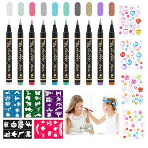 LTFIOON Kit Tatouage Enfant, Tatouage Paillette, Tatouage Temporaire avec 10 Stylos Tatouage 5 Pochoir Tatouage ​et 4 Autocollants,Stylos Tatouage Temporaire pour Enfant, Carnaval, Halloween (LTFCash-EU, neuf)