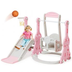 Ensemble de Toboggan et balan&ccedil;oire pour Tout-Petits, Ensemble de Jeu d'escalade pour b&eacute;b&eacute; 4 en 1 avec balan&ccedil;oire, Toboggan grimpeur et Basket-Ball, toboggans pour Enfants (Rose) (Toys Beichen, neuf)