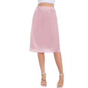 Lovasy Jupon Femme Longue Satin Jupon sous Robe en Dentelle Fond de Jupe sous-V&ecirc;tements Invisible et Antistatique Demi-Jupe Taille &Eacute;lastique pour Robe Transparente,A-Rose Clair,XXL (Lovasy Direct, neuf)