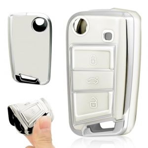 3 Bouton Housse de Protection Porte-cl&eacute;s pour VW Golf 7 MK7 GTI Skoda Seat Leon Octavia Polo Seat Ibiza T1guan Tarraco Coque De Cl&eacute; De Voiture en Silicone VW Polo, Porte Boitier Clef VW Golf (Blanc) (1-top, neuf)