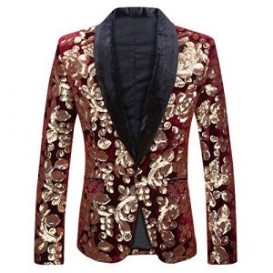 PYJTRL Blazer Tendance en Velours &agrave; Paillettes pour Homme Motif Floral (M, Bordeaux 01) (WEIBAIJIA, neuf)