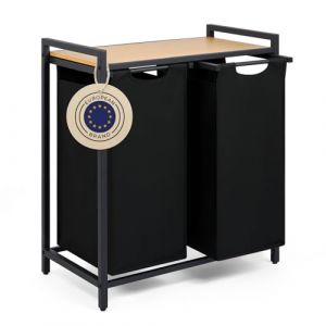 Blumtal panier a linge 2 compartiment - paniere a linge sale 2 compartiments - meuble de salle de bain avec effet bambou - étagère en métal - bac deux sections avec cadre métallique sur pieds - noir (Everbrent, neuf)