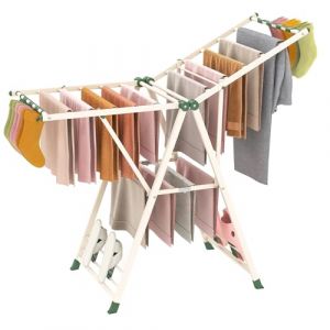 COSTWAY Etendoir Linge Pliable, Sechoir a Linge Pliable 16 Barres, Cadre en Acier, Hauteur Réglable 99-148 cm, Pinces à Chaussettes, 4 Porte-Chaussures, Tancarville Linge Intérieur (Beige,141 cm) (FDS GmbH, neuf)