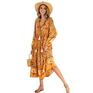 R.Vivimos Femmes Robe de Plage &agrave; Manches Longues &agrave; imprim&eacute; boh&egrave;me Chic d&eacute;contract&eacute; Robe &eacute;l&eacute;gante Longue midi Robe de Vacances(XXL,Goldenrod) (Jian Mei E-commerce Co., Ltd., neuf)