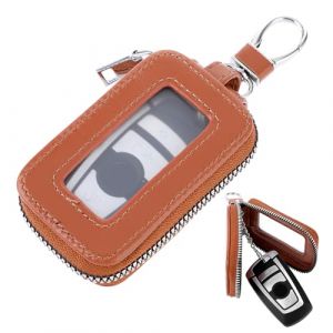 Amabro &Eacute;tui en cuir pour cl&eacute; de voiture, porte-cl&eacute; avec crochet en m&eacute;tal et sac &agrave; fermeture &eacute;clair transparent pour cl&eacute; de voiture pour homme et femme, marron, 9.5x5.5cm/3.74x2.16in (Key Bag (shashamo, neuf)