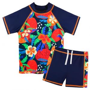 HUAANIUE Filles Enfants Maillot de Bain 2 Pi&egrave;ces Enfants Filles Plage Combinaison de Bain &agrave; Manches Courtes 2-12 Ans (S492-Fleur Marine Bleu, 3-4 Ans) (HUANQIU EUR STORE, neuf)