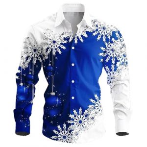 Chemise de No&euml;l &agrave; manches longues pour homme - Chemise de No&euml;l d&eacute;contract&eacute;e boutonn&eacute;e - Col montant - Chemise hawa&iuml;enne - Chemise de No&euml;l - Chemise d'hiver - V&ecirc;tement de No&euml;l, bleu, 4XL (Saohuo FR, neuf)