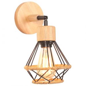 iDEGU Applique Murale Industrielle Design Cage en Métal Bois Rétro Lampe Murale Ajustable Luminaire Plafonnier Vintage Applique Intérieure pour Chambre Couloir Salon, 16CM (Noir avec Corde de Chanvre) (IDEGU, neuf)
