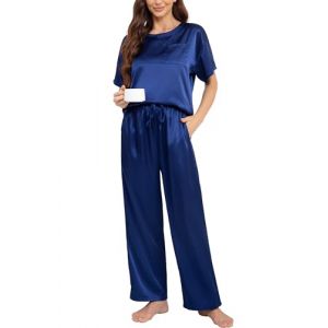 Nanxson Femmes Satin Pyjama Set Deux Pi&egrave;ces Pyjama Manches Courtes Pyjama avec Long Pyjama Pantalons Ensemble Soft Casual Wear(M,Marine) (Nasisa, neuf)