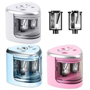 Taille-crayon &eacute;lectrique pour enfants, double trou pour 6-8 mm et 9-12 mm, taille-crayon &eacute;lectrique pour &eacute;coles, m&eacute;nages, bureaux et salles de classe, adapt&eacute; aux enfants (bleu + rose + blanc) (HONGFANFAN, neuf)