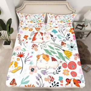 Homewish Drap-Housse 135x200 Enfant 2 Personnes, Drap Housse Cochon d'Inde Mignon pour Fille Garçon, Drap de Lit Feuilles Fleurs Champignons, Housse de Matelas Animaux de Dessins Animés (Suzhou yiyanyun e-commerce Co., Ltd, neuf)