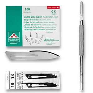 Set avec 100 x lames de scalpel N° 18 - Lame stérile en acier au carbone et 1 x May - manche de scalpel Figure N° 4 avec manche rond en acier inoxydable (Instruments en acier inoxydable de marque May, neuf)
