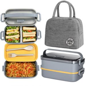 Haoh Bento Lunch Box Kit,1600ml 2 Etages Boite Repas avec Sac Isotherme Repas, Herm&eacute;tique Bo&icirc;tes Bento pour Pique Nique, Travail, Go&ucirc;ter, Ecole, Bo&icirc;te &agrave; Lunch Micro Ondable(Gris) (WELLBINGDIJSID LIMITED, neuf)