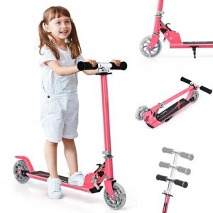 GYMAX Trottinette Enfants 3-7 Ans Pliable, 2 Roues Lumineuses, Hauteur Réglable à 3 Niveaux, avec Béquille, en Aluminium Léger Robuste, Charge Max 70 KG, Roulement Durable ABEC-7 (Rose) (GYMAX EU, neuf)