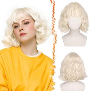 BARSDAR Courte Ondul&eacute;e Perruque Blond Platine avec Franges, Courte Perruque Bob pour Femmes Boucl&eacute;e Bob Perruques avec Franges Synth&eacute;tiques D'aspect Naturel Cheveux Perruques Cosplay Utilisation (BARSDAREU, neuf)
