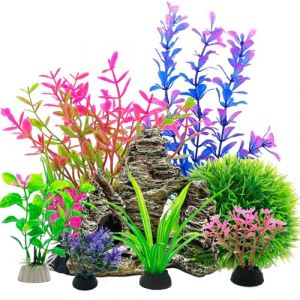 SLOCME Lot de 8 plantes d'aquarium et grotte rocheuse - D&eacute;corations artificielles color&eacute;es en plastique pour Betta, poissons rouges, aquariums d'eau douce et d'eau sal&eacute;e, design r&eacute;aliste (SLOCME, neuf)