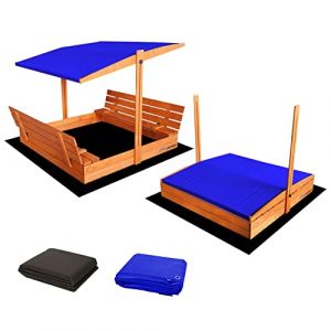 Bac à Sable Enfant en Bois fermé de 140 x 140 cm avec bancs-bac a Sable avec Couvercle- Bois de pin imprégné -bac à Sable avec Toit surbaissé -1 bâche de Protection 1 bâche Isolante- Bleu (Finesse Online Store B.V., neuf)