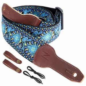 Nefelibata Sangle de guitare pour banjo, 5,1 cm de large, en cuir de vachette pleine fleur, r&eacute;glable, sangle de guitare multi-motifs avec corde et bandeau en cuir (broderie fleur bleue) (QianYu EU, neuf)