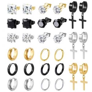 BVLAGIDA 15 Paires Boucle d'Oreille Homme, Acier Inoxydable, Argent Noir Or Clous d'Oreilles, Boucles d'Oreilles Cr&eacute;ole, Boucle d'Oreille Zircone pour Homme Femme (MULIU official, neuf)