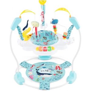 DREAMADE Jumperoo Jungle Bébé avec Siège Pivotant 360°&Amovible,Aire d'Éveil à Rebonds Animaux avec 3 Hauteurs& 9 Jouets&Musique&Lumière,Jouet Enfants 6Mois+ (Bleu+Océan) (DREAMADE, neuf)