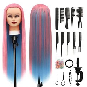 Tete a Coiffer, 28 inch 100% de Cheveux Synthétiques Têtes d'exercice Tête À Coiffer Coiffure Cosmétologie tete a coiffer professionnelle Poupée avec Support + Ensemble de Tresse (Rose Cyan) (Guangzhouxinfeifazhipinmaoyiyouxiangongsi, neuf)