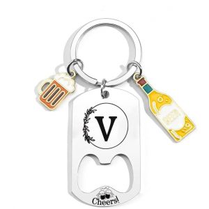 QTZXZX Porte-cl&eacute;s Lettre Initiale Pr&eacute;nom Pour Homme Femme D&eacute;capsuleur Porte-cl&eacute;s Personnalis&eacute; A-Z, Cadeau lettre initiale Id&eacute;e Cadeau Anniversaire, Porte Clef Maison Lettres Alphabet, No&euml;l (V) (pingxiangshiqitingdianzishangwuyouxiangongsi, neuf)