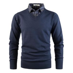 KTWOLEN Pull Homme avec Faux col de Chemise Automne Hiver Pull col Chemise &agrave; Manches Longues Pull en Tricot avec col en V, Bleu Marin, M (KTWOLEN, neuf)