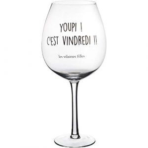 Les Vilaines Filles 38-VF-028 Verre &agrave; vin XL Carafe Verre &agrave; Pied g&eacute;ant 75cl Youpi C'est vindredi Transparent et noir Verre D12 x H25,5 cm (Un Dimanche &agrave; la Campagne, neuf)