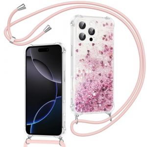 Xiltlly Coque pour iPhone 16 Pro avec Cordon, Paillette Liquide Transparent Crystal Glitter Housse, Protection Antichoc Silicone Souple TPU Bumper Case, Réglable Collier pour iPhone 16Pro, Rose (WANGZHICHENGEU, neuf)