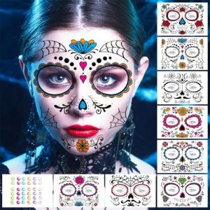 Halloween tatouage temporaire tête de mort, tatouage de sécurité visage enfants adultes toile d'araignée maquillage autocollant pour Halloween mascarade fête de carnaval (CYBIONE Flagship Store, neuf)