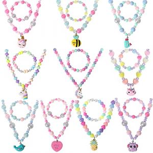 Pinkgarden 10 Ensembles Collier de Perles et Bracelet pour Enfants filles, Collier de Hibou Chat Oiseau Licorne et Bracelet de Perles, Sacs-Cadeaux D'anniversaire (Pinksheep Garden, neuf)