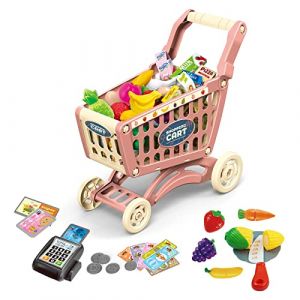 RedCrab Chariot de Courses Enfant, Ensemble de Jeu de Chariot de Courses Comprenant 64 Pièces Produits D'épicerie, Goûter, Fruits, Légumes, Accessoires de Magasin Cadeau de Jouet Éducatif (Rose,64pcs) (RedCrab -EU, neuf)