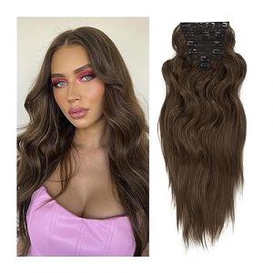 Extensions de cheveux à clipser Clip dans les extensions de cheveux 6pcs / set Clip synthétique dans les extensions de cheveux longs ondulés 22 "épais postiche for les femmes chocolat brun naturel fau (hailiangwufeng, neuf)