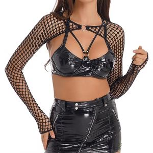 ranrann Femme T-Shirt Manches Longues R&eacute;sille Crop Top Fishnet Mesh Haut Court Clubwear S-3XL Noir S (ranraneu, neuf)