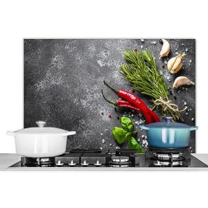KitchenYeah© Fond de Hotte 90x60 cm Aluminium Crédence Cuisine Décoration Murale Crédence Plaque de Cuisson Anti Projection Poivre - Herbes - Epices - Béton (KitchenYeah, neuf)