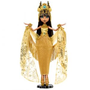Monster High F&ecirc;tes de Fin d&rsquo;Ann&eacute;e Cleo De Nile &Eacute;dition Hiver &agrave; collectionner en Robe dor&eacute;e avec des accessoires &eacute;tincelants et un ch&acirc;le chatoyant &agrave; franges, HXJ00 (BRKLYN, neuf)
