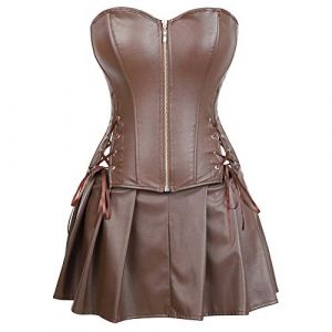 Grebrafan Ensemble Corset et Jupe Imitation Cuir avec Zip &agrave; l'avant (EUR(44-46) 4XL, Marron) (Zhi Gong, neuf)
