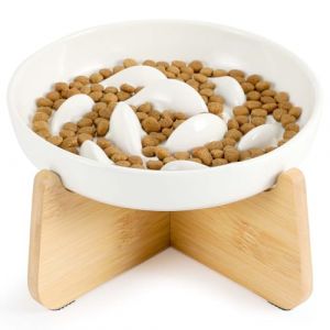 IDOGCHEW Gamelle Anti Glouton C&eacute;ramique Sur&eacute;lev&eacute;e Chat, Assiette R&eacute;gime avec Support Bambou Anti Vomissement pour Chat Glouton, Bol Plat pour Chaton Alimentation Lente, Rond, Beige (IDOGCHEW, neuf)