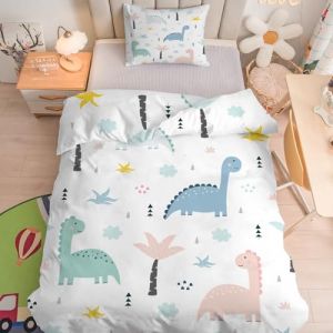 Linfye Housse de Couette 120x150 cm Enfant Dinosaure Blanc Rose Parure de Lit 1 Personne avec Taie d'oreiller 40x60 cm, Garçon Jungle Réversible Sets de Housse Couette Ensemble de Literie (Linfye Maison Confortable, neuf)