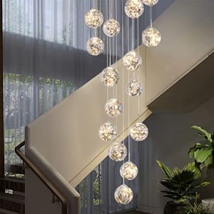 Lustre Lampe Boule de Verre 15 LED, Pendentif Lumière LED d'escalier, 75W Lampe Suspensions Long étoilé Créatif, Longueur Réglable Pendant Light, Plafonniers Modernes pour Villas, Escaliers et Salons (Kaucqi-Direct, neuf)