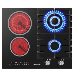 GASLAND GCH604BF Piano de Cuisson gaz et vitroc&eacute;ramique 60 cm, br&ucirc;leur gaz puissant 5200 W avec br&ucirc;leur wok, vitroc&eacute;ramique 2900 W, piano encastrable en verre noir &agrave; 4 zones, gaz naturel/GPL (GASLAND, neuf)