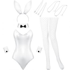Geyoga Costume de Lapin Bodysuit Lingerie et Queues Femmes Kit de Tenue de Lapin pour Halloween Noël Costume de Fête de Cosplay (M, Blanc) (HuinanooeTech, neuf)