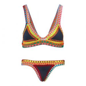 Maillot De Bain Femme 2 Pieces Tricot Triangle Maillots Deux PièCes Femme Push Up Couleur Vive Patchwork Fait Main Crochet Haut Et Bas De Bikini Taille Basse BrassièRe Triangulaire En Crochet Ethnique (FATUS, neuf)