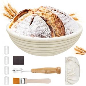 Traxenta Banneton pour Pain de Fermentation, Banneton à Pain Rond de 22 cm, Sourdough Bread Proofing Basket, Corbeille à Pain, Panier de Fermentation, avec Couteau à Pain, Brosse et Housse en Lin (amine ecommerce, neuf)